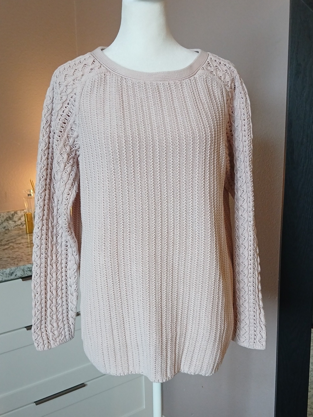 Loft Blush Pink Cable Sweater 100% Cotton Crochet Knit Sleeves Crewneck Sz M